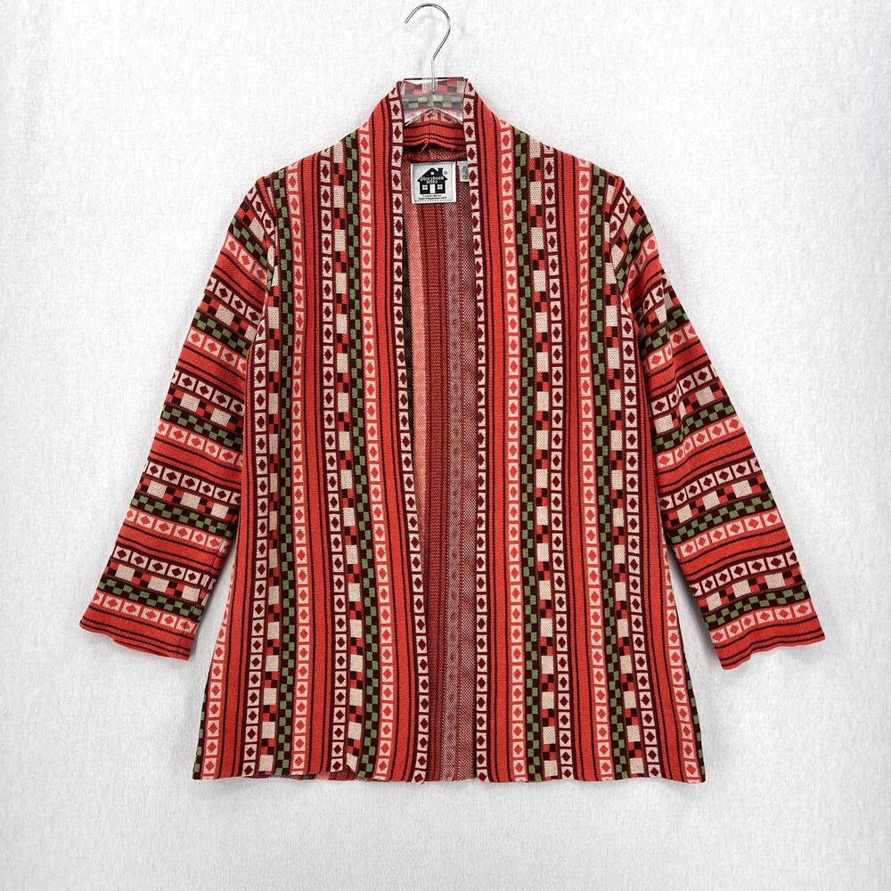 STORYBOOK KNITS Cardigan Sweater Womens Small Orange Brown Geometric Pattern